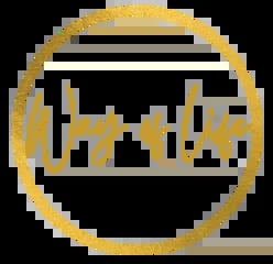 Gold circular badge with stylized text or logo design inside a double horizontal line border