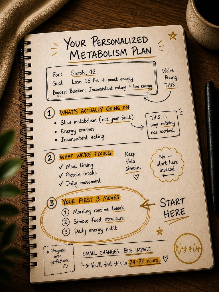 Handwritten personalized metabolism plan on notebook page for Sarah, 42, outlining goals, blockers, and three initial steps to lose 15 lbs and boost energy