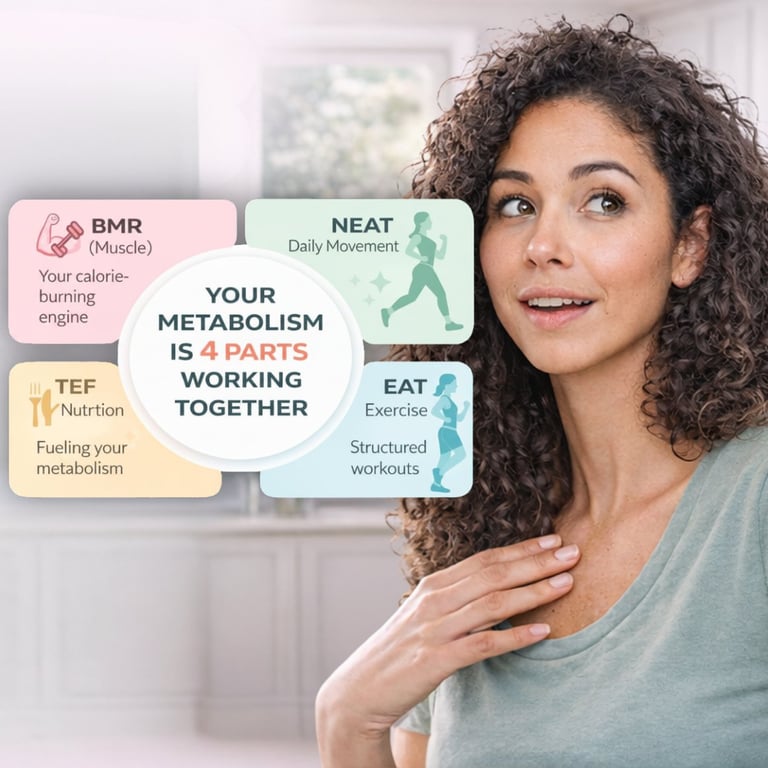 Woman explaining metabolism chart with NEAT, TEF, BMR, and exercise components for holistic health approach