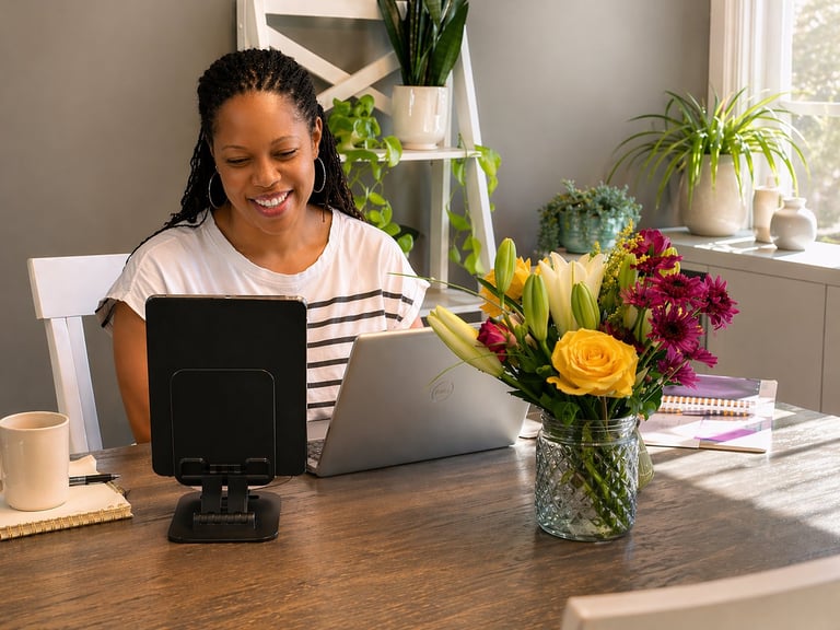 Woman working at desk with laptop, surrounded by plants and fresh flowers in a bright home office